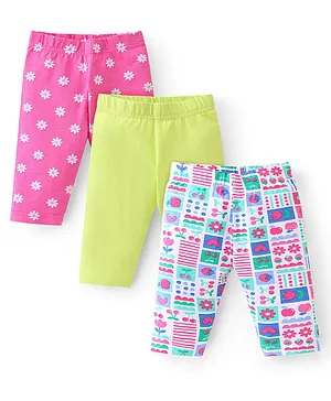 Babyhug Cotton Lycra Knit Three
                              Fourth Legging Solid Color & Floral
                              Print Pack of 3 - Green Pink & Blue