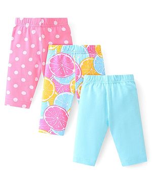 Babyhug Cotton Lycra Knit Three Fourth Legging Polka Dot Print Pack of 3 - Pink & Blue