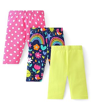 Babyhug Cotton Lycra Knit Three Fourth Legging Solid Color & Polka Dot Print Pack of 3 - Green Pink & Blue