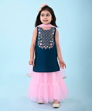 Babyhug Woven Sleeveless Floral Embroidered Kurti & Sharara Set with Dupatta - Teal & Pink