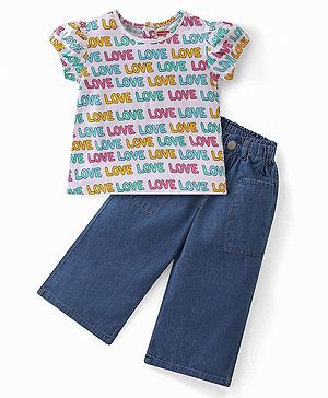 Babyhug 100% Cotton Knit Single Jersey Half Sleeves Top With & Jeans With Text Print - White & Blue