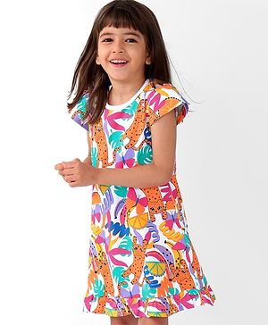 Babyhug Single Jersey Knit Cap Sleeves Nighty Jungle Safari Theme - Multicolor