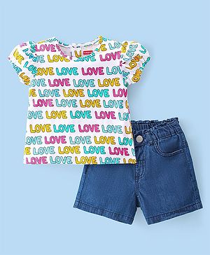 Babyhug 100% Cotton Knit Single Jersey Half Sleeves Top & Denim Shorts With Text Print - White & Blue