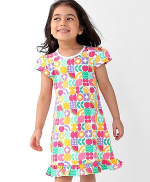 Babyhug Single Jersey Knit Cap Sleeves Nighty Watermelon Print - Multicolor