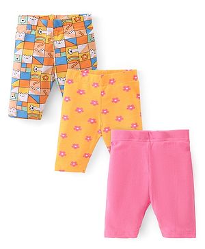 Babyhug Cotton Knit Three-Fourth Length Leggings Floral Print Pack of 3 - Multicolour