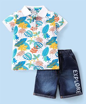 Babyhug Single Jersey Knit Half Sleeves T-Shirt & Shorts with Tropical Theme - Multicolor