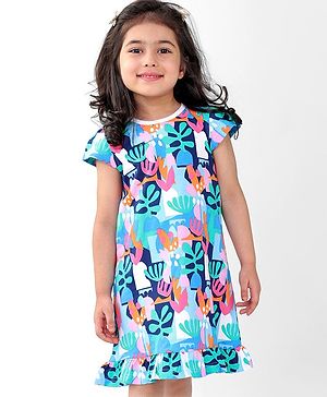 Babyhug Cotton Knit Cap Sleeve Nighty With Tropical Theme-Multicolor