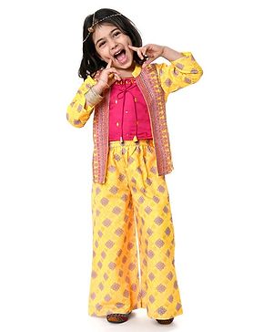 Babyhug Embellished Crop Top with Block Printed Palazzo & Three Fourth Sleeves Jacket Set - Yellow