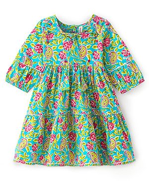 Babyhug Cambric Woven Three Fourth  Sleeves Floral Printed Ethnic Dress - Light Green