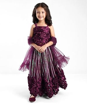 Babyhug Sleeveless Net Flowered Choli & Lehenga with Dupatta - Purple