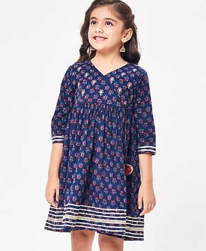 Babyhug Cambric Three Fourth Sleeve Overlap Ethnic Dress Block Printed & Embroidered - Indigo