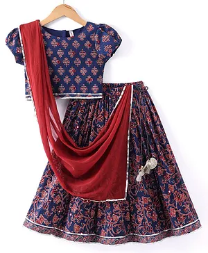 Babyhug 100% Cotton Woven Short Sleeves with Floral Print Lehenga Choli With Mirror Embroidery and Dupatta Set- Navy Blue