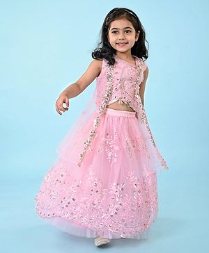 Babyhug Woven Sleeveless Sequenced Embroidered Choli With Lehenga and Jacket Set - Pink