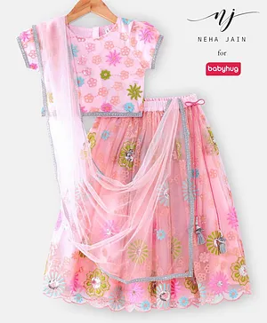 Babyhug Short Sleeves Sequence & Embroidered Lehenga Choli with Dupatta Set - Pink
