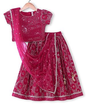 Babyhug Short Sleeves Sequence & Embroidered Lehenga Choli with Dupatta Set - Pink