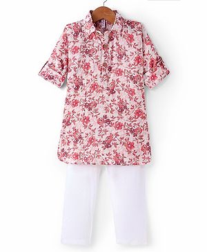 Babyhug Cotton Flex Full Sleeves Pathani Kurta With Pyjama Set Floral Print - Off White