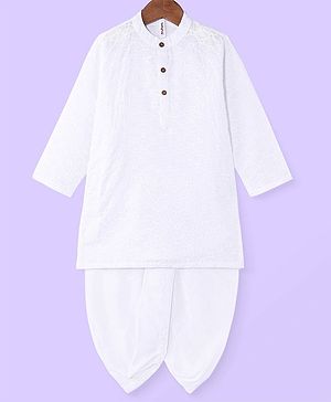 Babyhug Cotton Schiffly Full Sleeves Kurta Dhoti Set - White