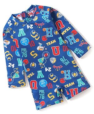 Babyhug Full Sleeves Legged Swimsuit Alphabet Print - Blue