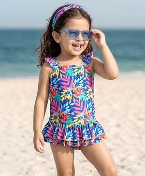 Babyhug Flutter  Sleeves Frock Swimsuit Floral Print - Navy Blue