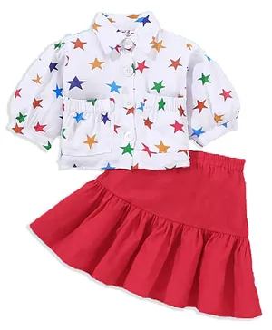 M'andy Cotton Full Sleeves Stars Printed Top & Skirt Set - Red