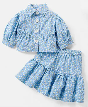 M'andy Cotton Full Sleeves Floral Printed Coordinating Top & Skirt Set - Blue