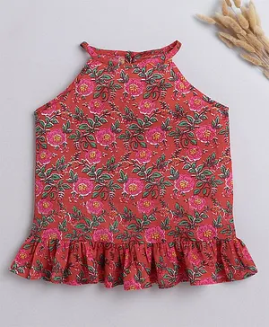 IndiUrbane Sleeveless Floral  Printed Frill Detailed Cotton Top -  Red