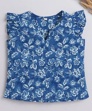 IndiUrbane Cap Frill Sleeves Floral  Printed Cotton Top -   Blue