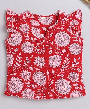 IndiUrbane Cap Frill Sleeves Floral  Printed Cotton Top -   Red