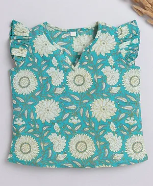 IndiUrbane Cap Frill Sleeves Floral  Printed Cotton Top -   Green