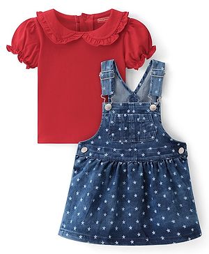 Babyhug Denim Woven Puffed Sleeves Peter Pan Collar Solid Color T-Shirt With Frock Star Print - Blue & Red
