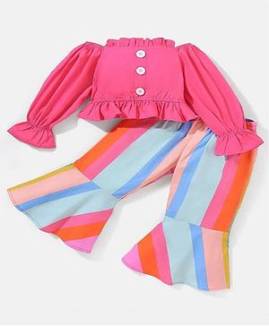 M'andy Cotton Off Shoulder Solid Top & Striped Pajama Set - Pink