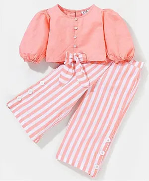 M'andy Cotton Full Sleeves Solid Front Tie Up Top & Striped Pajama Set - Peach