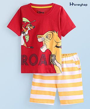 Honeyhap Disney Cotton Knit Half Sleeves T-Shirt & Shorts Set With The Lion King Graphics - Red & Yellow