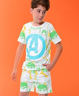 Pine Kids Marvel Cotton Knit Half Sleeves T-Shirt & Shorts Set With The Avengers Graphics - Green