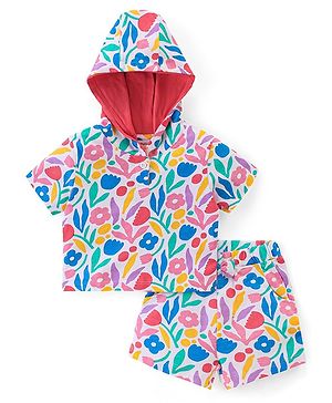 Babyhug 100% Cotton Knit Half Sleeve Hooded Top & Shorts Set with Floral Print - Multicolor