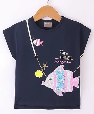 Little Kangaroos Cotton Sleeveless Top with Sequinned Fish & Text Print - Navy