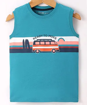 Doreme Single Jersey Knit Sleeveless T-Shirt With Bus Print - Blue
