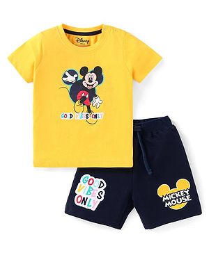 Babyhug Disney Cotton Knit Half Sleeves T-Shirt & Shorts Set With Mickey Mouse Graphics - Yellow
