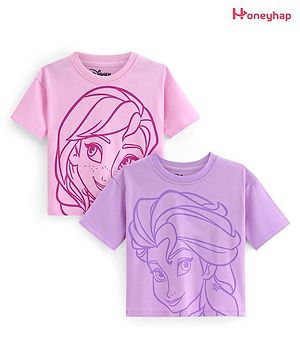 HoneyHap Disney Cotton Knit Half Sleeves Oversized T-Shirt with Disney Princess Graphics Pack of 2 - Pink & Purple