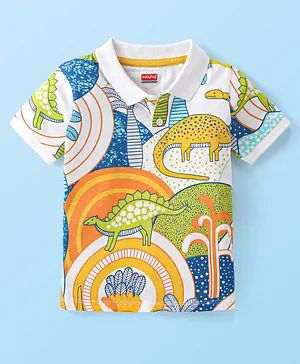 Babyhug Cotton Knit Half Sleeves Polo T-Shirt Dino Print - White