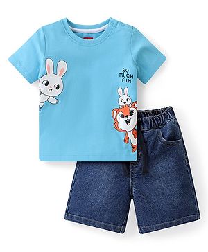 Babyhug Single Jersey Knit Half Sleeves T-Shirt & Denim Shorts Set with Bunny Print  Blue
