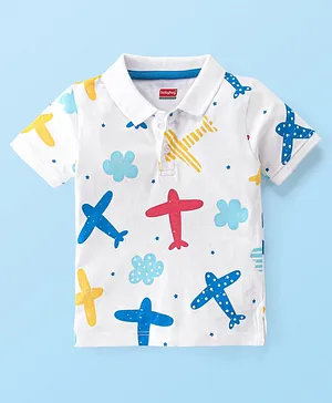 Babyhug Cotton Knit Half Sleeves Aeroplane Printed Polo T-Shirt - White