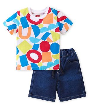 Babyhug Single Jersey Knit Half Sleeves T-Shirt & Denim Shorts Set with Abstract Print  Multicolor & Blue