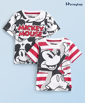 Honeyhap Disney Cotton Knit Half Sleeves T-Shirts With Mickey Mouse Print Pack of 2 - Multicolor