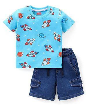 Babyhug Single Jersey Knit Half Sleeves T-Shirt & Denim Shorts Set with Rocket Print - Blue