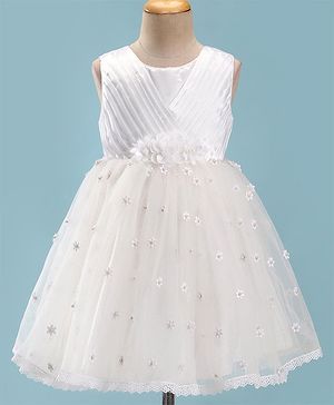 Babyhug Woven Sleeveless Fit and Flare Party Frock with Floral 3D Applique -Off White