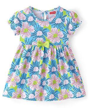 Babyhug Single Jersey Knit Half Sleeves Frocks with Floral Print & Bow Applique  - Blue