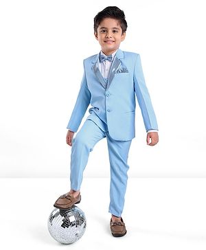 Babyhug Full Sleeves Sequined Party Suit with Waistcoat & Bow - Sky Blue