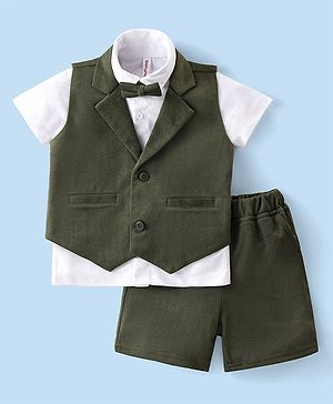 Babyhug Knit Half Sleeves Solid Color Waistcoat Set with Shirt & Bow - Green