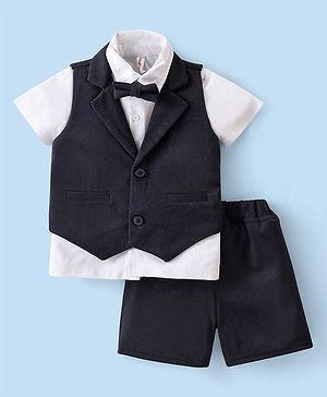 Babyhug Kint Half Sleeves Solid Color Waistcoat Set with Shirt & Bow - Navy Blue